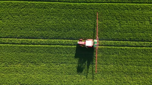 Farming Tractor Spraying on Field with Sprayer Herbicides and Pesticides at Sunset Farm Machinery