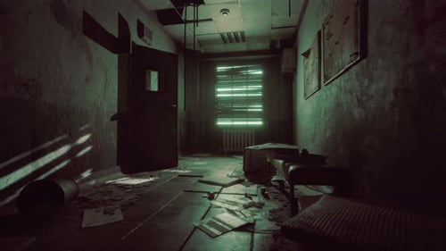 Oscuridad dentro de un hospital psiquiátrico abandonado y en decadencia