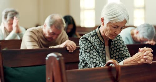 Gospel, prayer or old woman in church for God, holy spirit or catholic religion in cathedral
