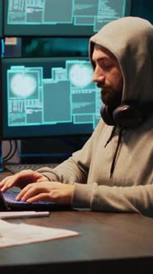 Criminal masculino Vídeo vertical que intenta romper el servidor de la base