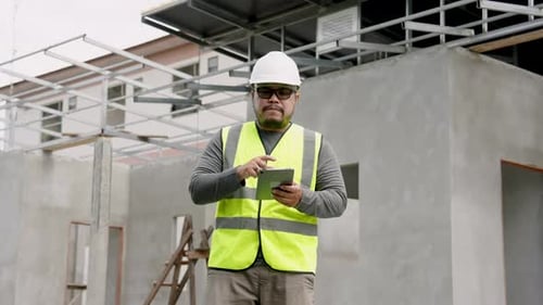 Engineer manager foreman young Asian worker architect designer Wear white safety helmet. Checking th