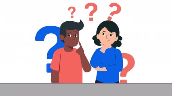 confused man with question marks, person not knowing what decision to ...