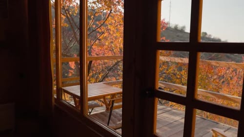 Perfect Cozy Cabin Room with Autumn Forest Window View