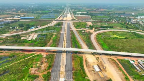 Motorways road construction site from drone aerial view