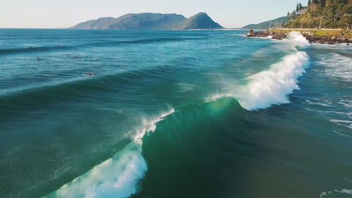 Aerial View of the Atlantic Ocean Coastline in Brazil with Waves Breaking on the Shore