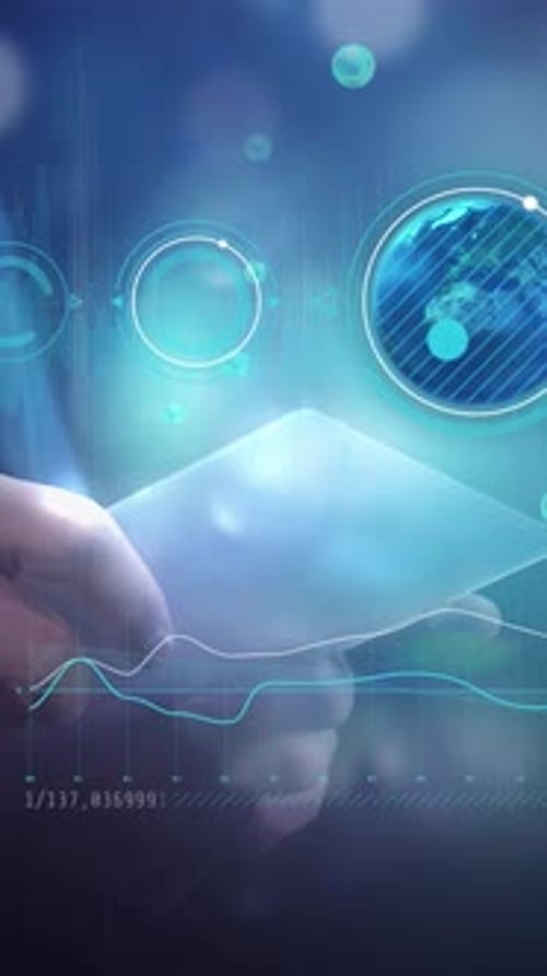 A Man Works with a Virtual Card Through a Tablet