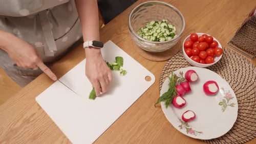 Woman preparing fresh ingredients for a healthy vegetable summer salad