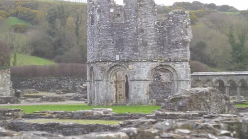 Wrecked Octagonal Old Lavabo Of Mellifont Abbey In County Louth, Ireland. wide shot
