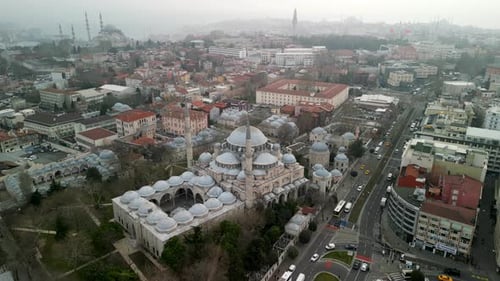 around Sehzade Mosque in Istanbul flying over it shot