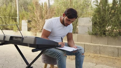 Man Writes Music Outside with Keyboard