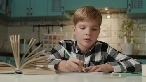 Young Boy Studying at Home Writing in a Notebook While Checking an Open Book for Homework