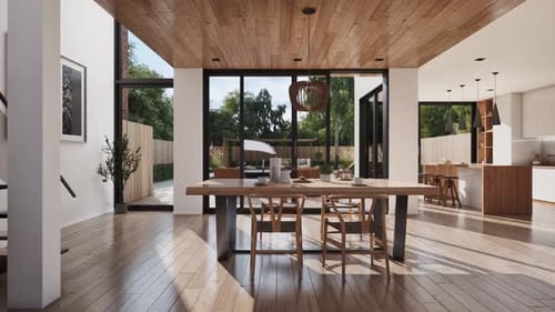 Smooth Pan of Modern House Interior with Pool View