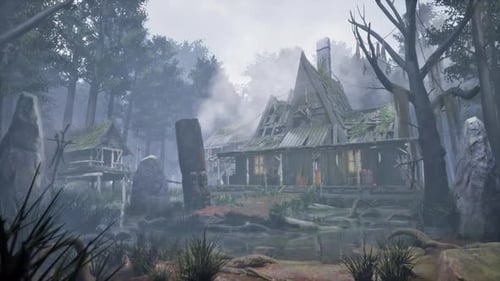 Haunted House in Foggy Swamp Landscape Animation