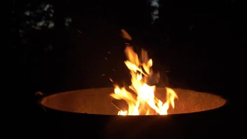 Close up of campfire at night with the night sky behind the trees.