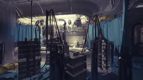 Futuristische visuelle Umgebung mit Industriedesign und komplexer Verkabelung