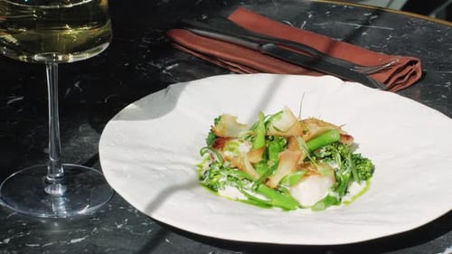 Fine Dining Seafood Meal with Wine