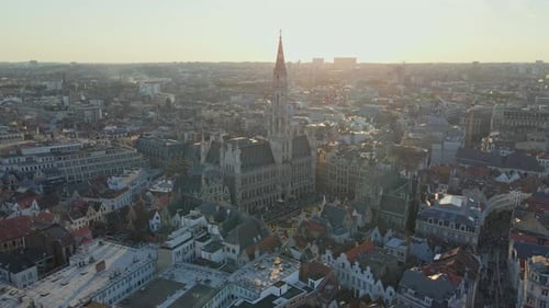 High aerial approach to the Grand-Place in Brussels during the Flower Carpet