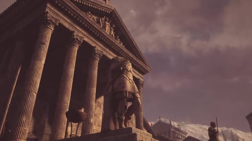 View of Ancient Temple with Statues Under Cloudy Sky at Sunset