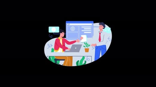 Office collaboration scene with two people discussing work