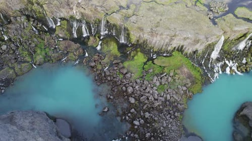 Aerial view of a river flowing through a canyon with waterfalls in Iceland.