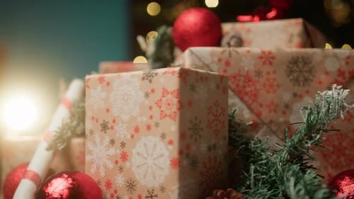 Pile of Christmas Presents with Holiday Decorations