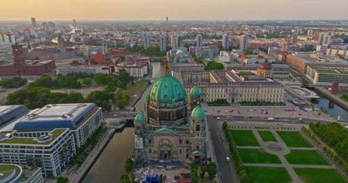 Aerial View of Famous Berlin Cathedral at Sunrise with Famous Television Tower is in the Background