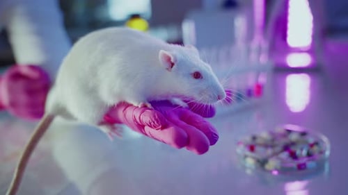 White Lab Rat Resting on Gloved Hand