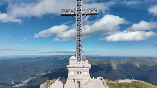 View of the Cross of Heroes on Mount Caraiman in the Bucegi Mountains, Romania