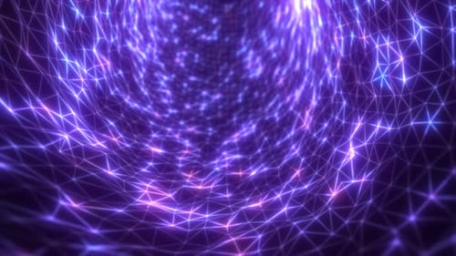 Glowing purple energy mesh forming a twisting tunnel of connected triangular nodes