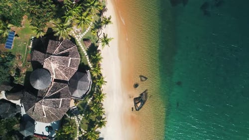 Aerial View of the Tropical Sea and Sandy Beach in the Calm Bay Near the Town of Paraty in Brazil