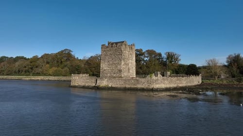Narrow Water Castle, County Down, Northern Ireland, November 2022. Drone orbits the Tower House coun
