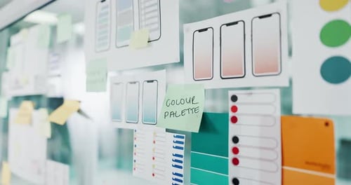 App development, ui design and illustrations with sticky notes for phone