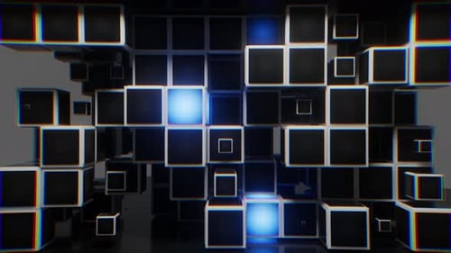 Abstract Grid of Glowing Cubes with Chromatic Glitch Effect