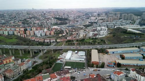 Vista of hillside residential buildings in Istanbul from a drone