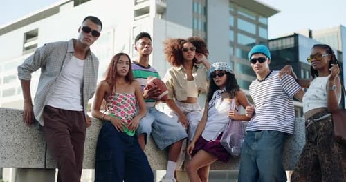 Gen z friends, fashion and people in city, sunglasses or diversity with style