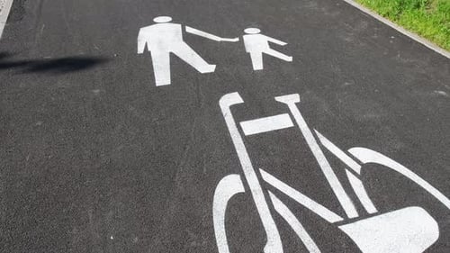 Cyclist and Pedestrian Route Zone Sharing Sign on a Street Painted Street Asphalt Bicycle Lane Sign