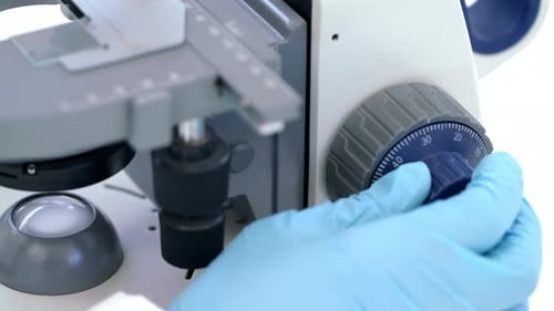 Hand Adjusting Microscope in a Medical Lab