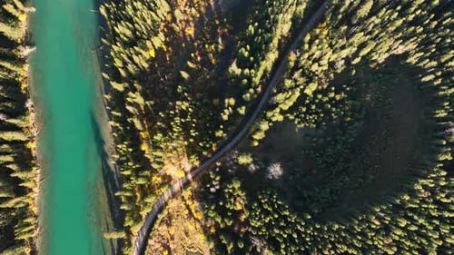 The road in the mountain valley. Traveling by car. Landscape from the air. Video for background.