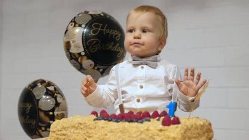 Child Celebrates First Birthday with Cake and Balloons