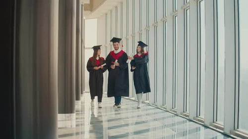 Happy Graduates in the Mantle and Caps Going Through University with Diplomas