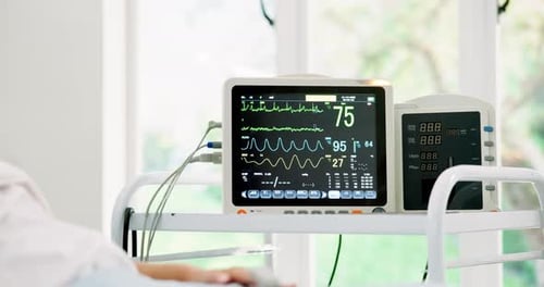 Person, monitor and heart rate in the hospital, information and emergency medicare