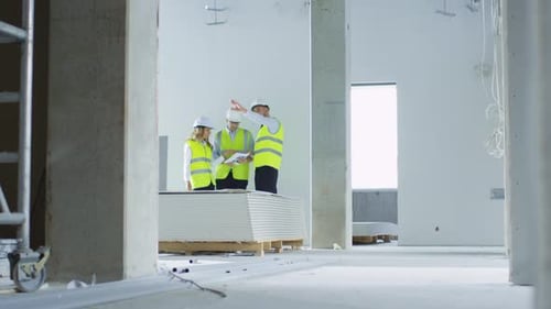 Team of Engineers in Hard Hats Having Conversation, Looking at Blueprint, inside Building Under Con