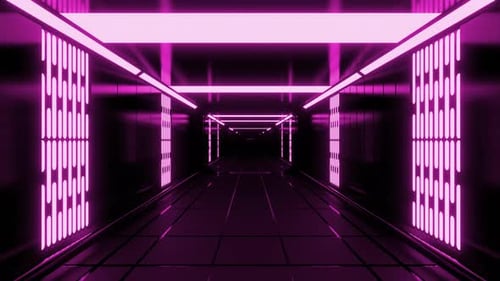 View Inside of Rectangular Shaped Underground Tunnel with Neon Lighting