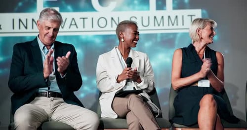 Presentation, conference and business people on a stage, applause for thank you