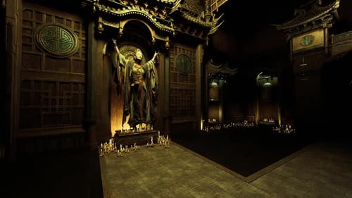 Temple tranquille décoré de gardiens en bronze et de sculptures complexes
