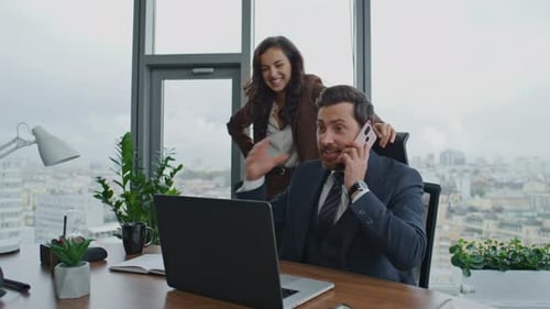 Excited Office Workers Feeling Happy Rejoicing Win Doing Great Job