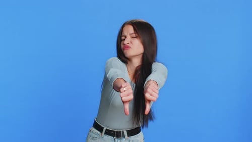 Upset Attractive Young Woman Girl Showing Thumbs Down Sign Gesture Disapproval Dissatisfied Dislike
