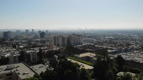 A drone shot of downtown Los Angeles from Hollywood area.