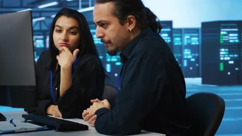 IT Technicians in Server Farm Brainstorming Ways to Repair Equipment