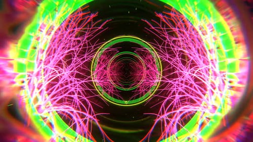 Rosafarbener und grüner magischer Tunnel mit leuchtenden Bäumen und Ringen im Hintergrund VJ Loop in 4K